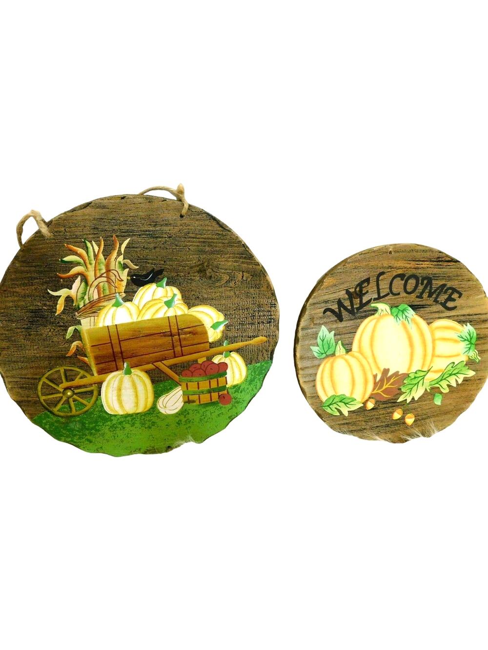 Rustic Wood Pumpkin Wall Plaques Fall Harvest Thanksgiving Welcome Sign Set of 2